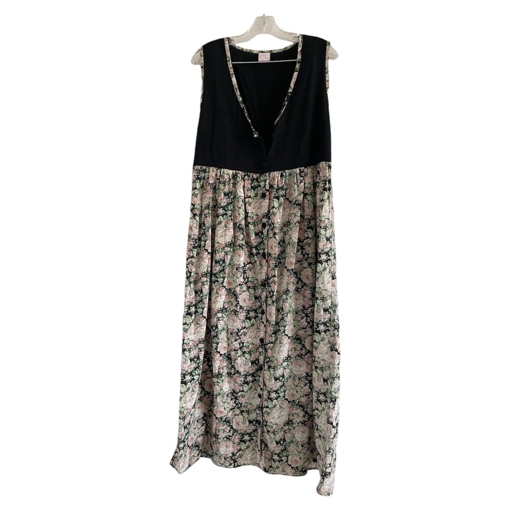 ALLISON ROSE Black Floral Button Up Sleeveless Cotton Long V Neck Dress-MEDIUM